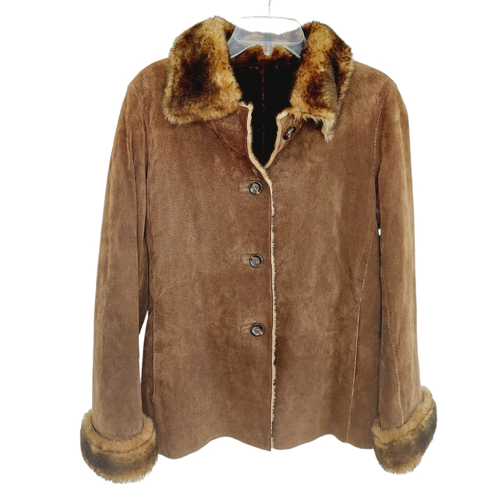 New York & Co Brown Faux Suede Faux Fur Lining Shearling Jacket Coat Small Vegan